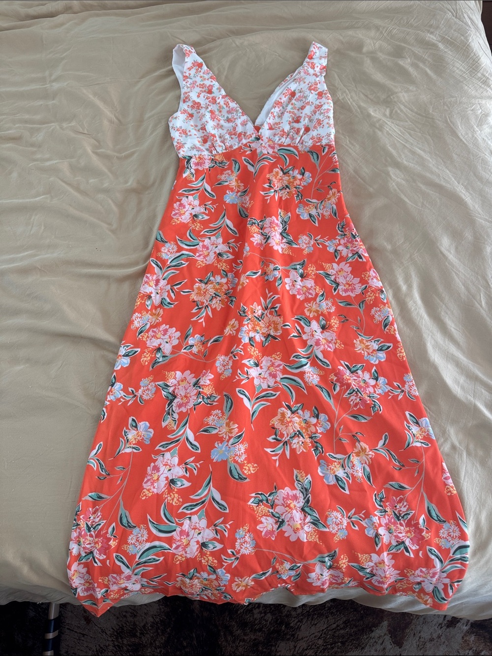 Anthropologie Coral Floral Maxi Dress with White Floral Bodice